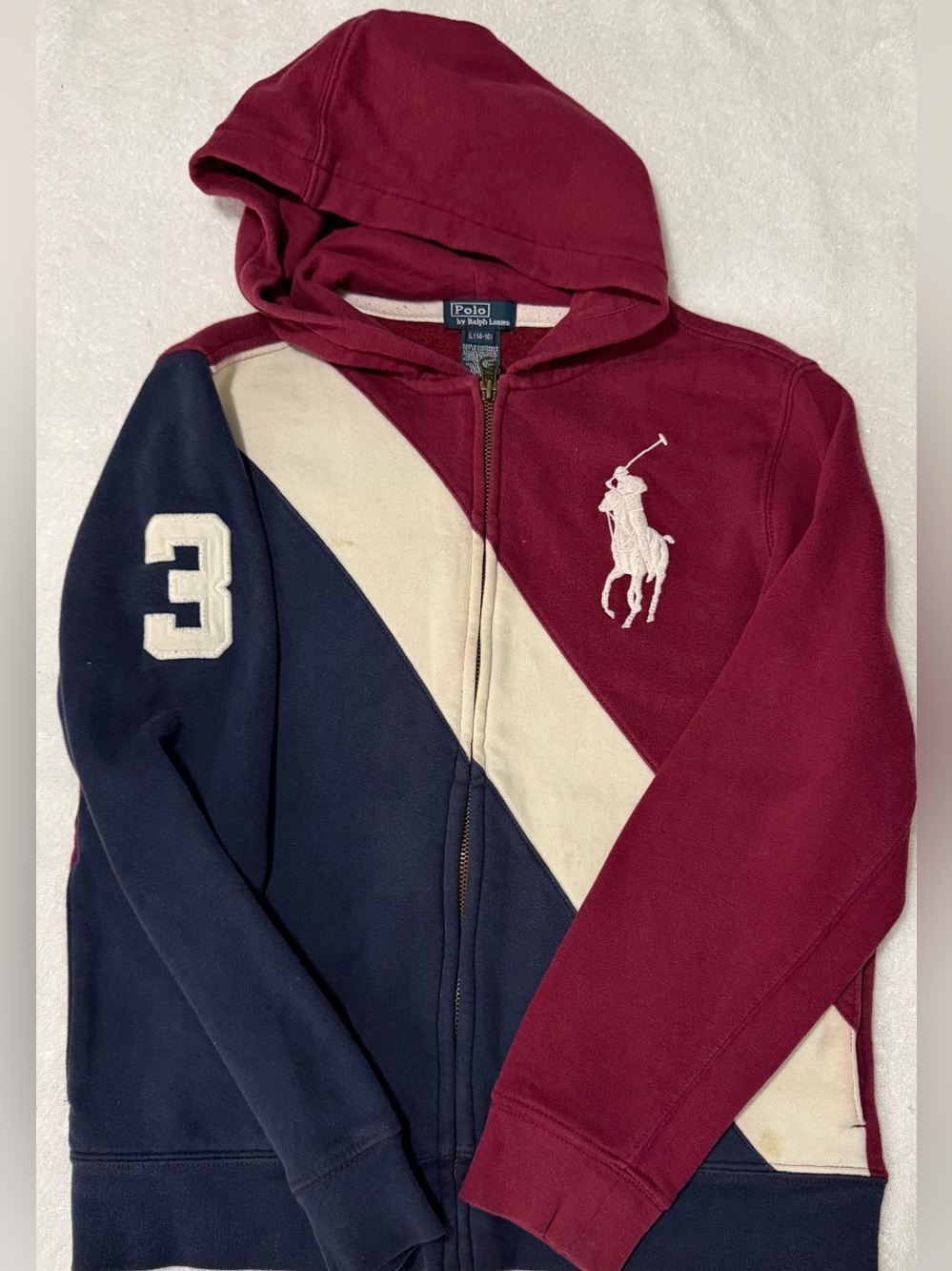 Boys Polo by Ralph Lauren Burgundy Navy & Cream Full Zip Hoodie Size Large 14-16